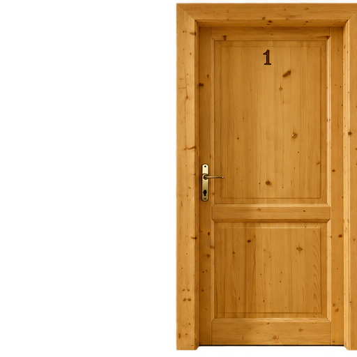 Dřevěné dveře s číslem 1 – vstup do pokoje