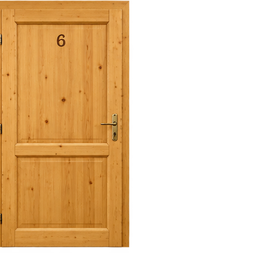 Dřevěné dveře s číslem 6 – vstup do pokoje